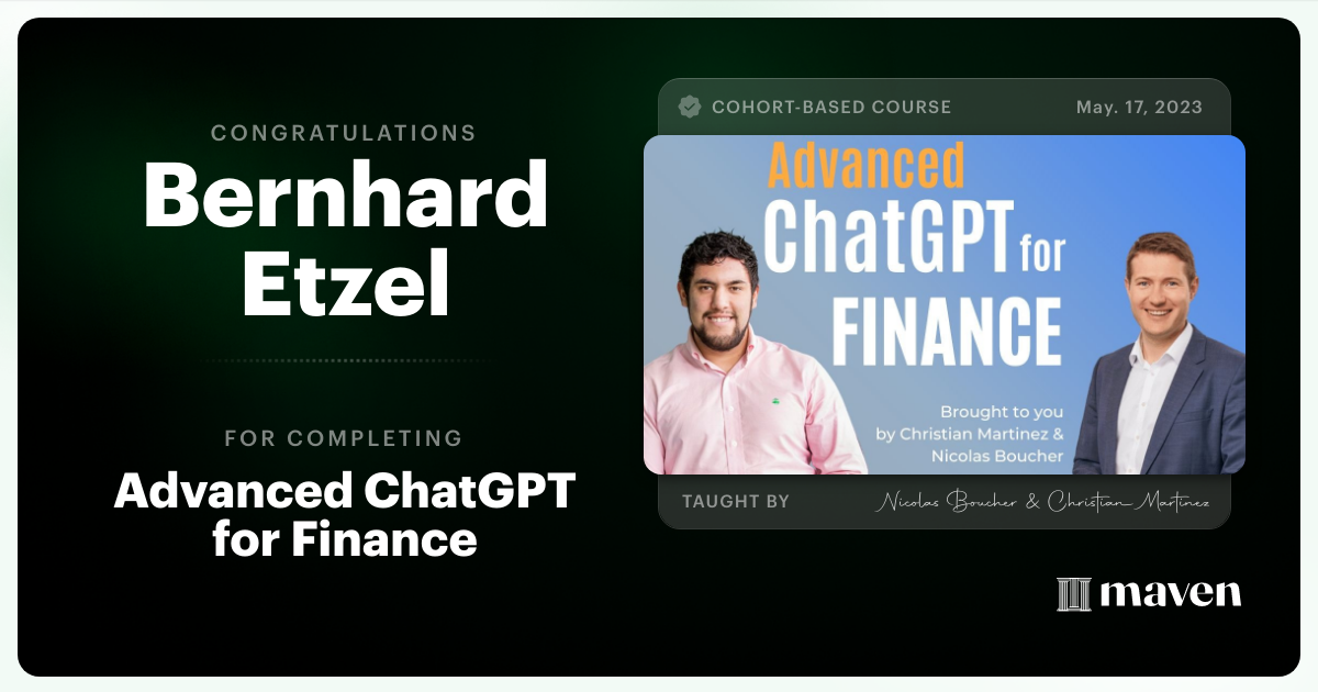 Certificate of Completion for AI for Finance - Advanced