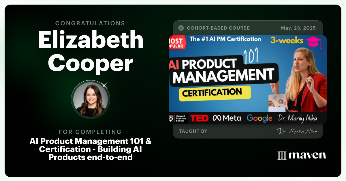 Certificate of Completion for AI Product Management 101 & Certification - Building AI Products end-to-end