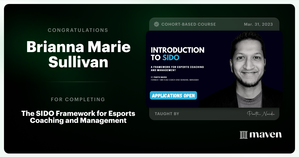 Certificate of Completion for The SIDO Framework for Esports Coaching and Management