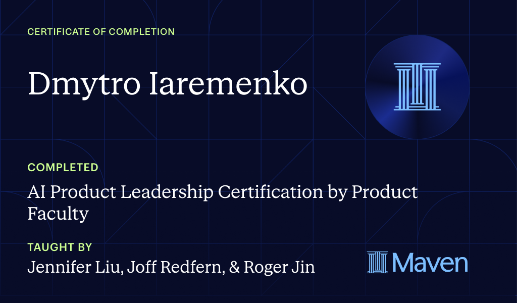 Certificate for AI Product Leadership Certification by Product Faculty