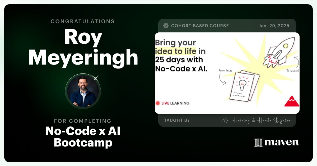 Certificate of Completion for No-Code x AI Bootcamp