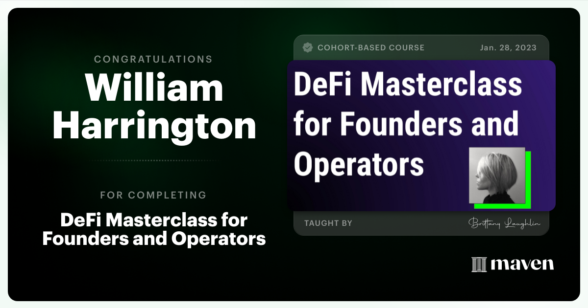 Certificate of Completion for DeFi Masterclass for Founders and Operators