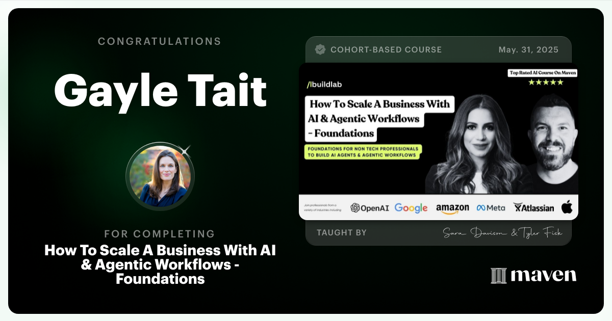 Certificate of Completion for How To Scale A Business With AI & Agentic Workflows - Foundations