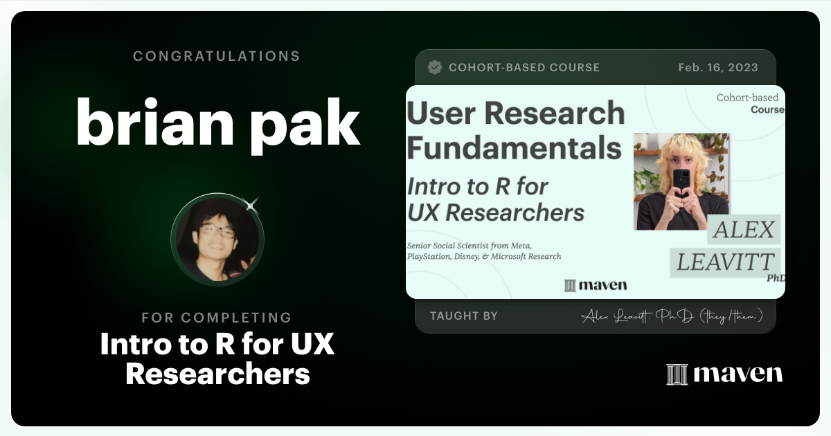 Certificate of Completion for Intro to R for UX Researchers
