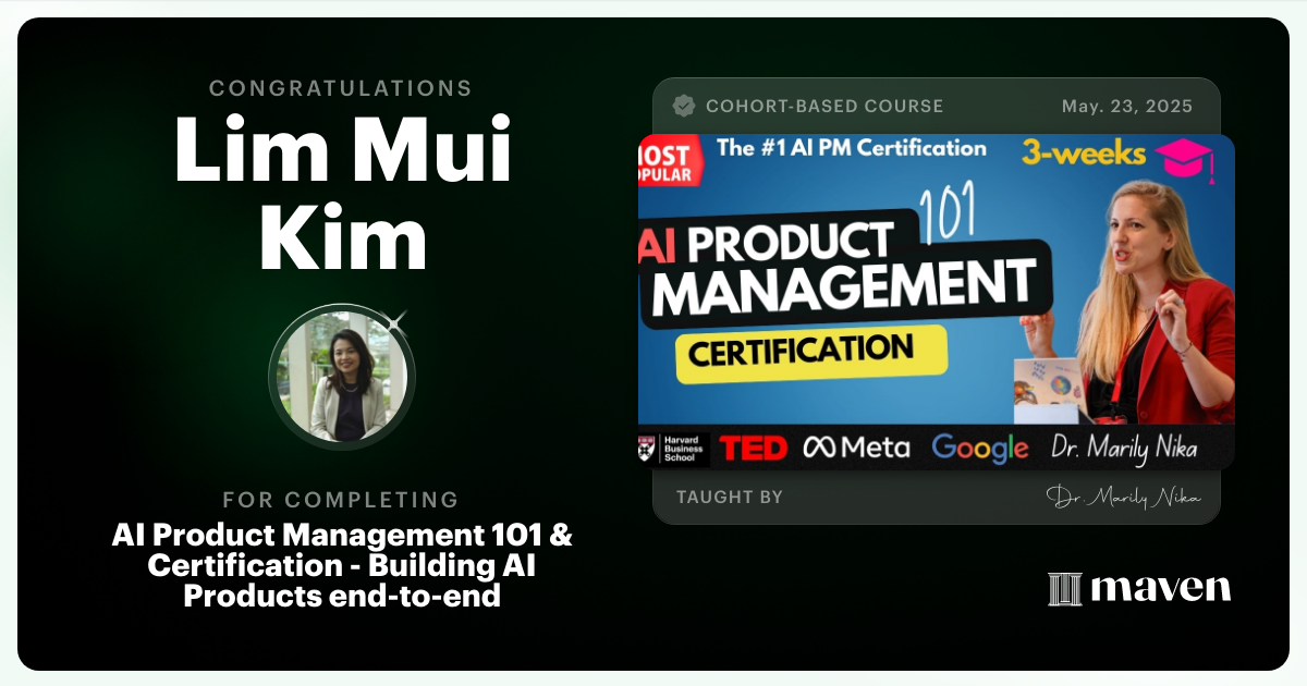 Certificate of Completion for AI Product Management 101 & Certification - Building AI Products end-to-end