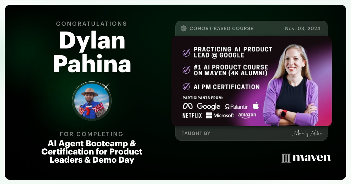 Certificate of Completion for AI Agent Bootcamp 101 for Product Leaders