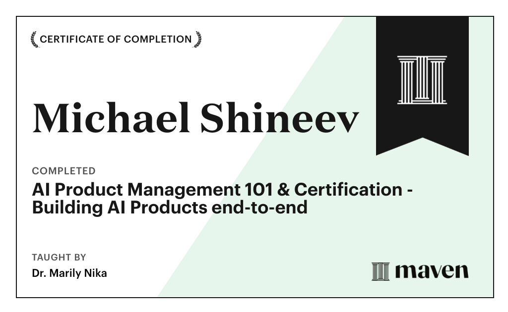 Certificate for AI Product Management 101 & Certification - Building AI Products end-to-end