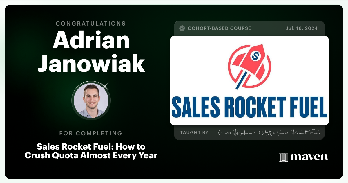 Certificate of Completion for Sales Rocket Fuel: How to Crush Quota Almost Every Year