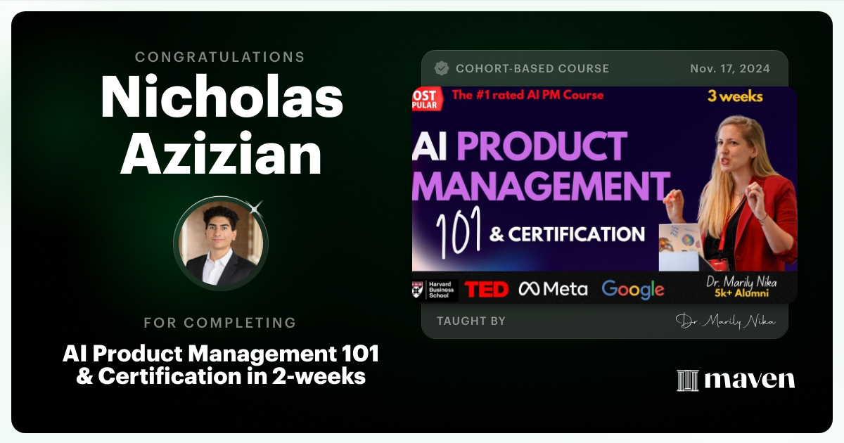 Certificate of Completion for AI Product Management 101 & Certification - Building AI Products end-to-end