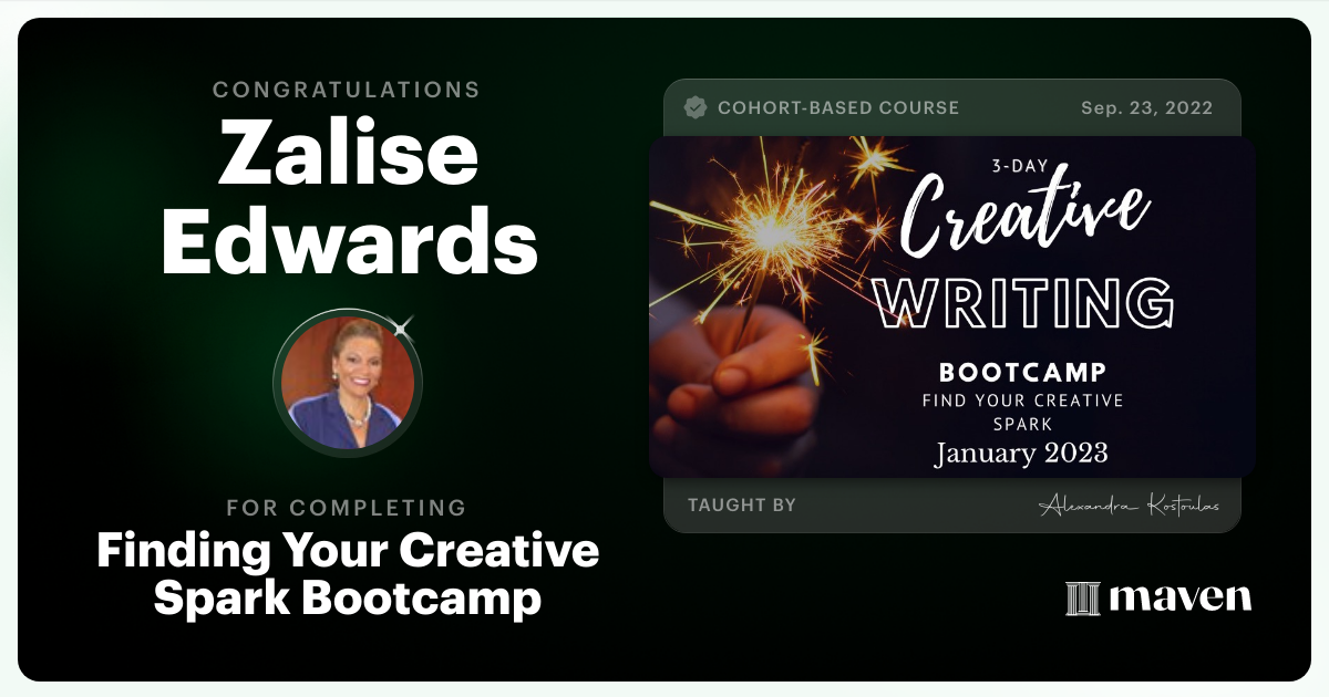 Certificate of Completion for Finding Your Creative Spark Bootcamp