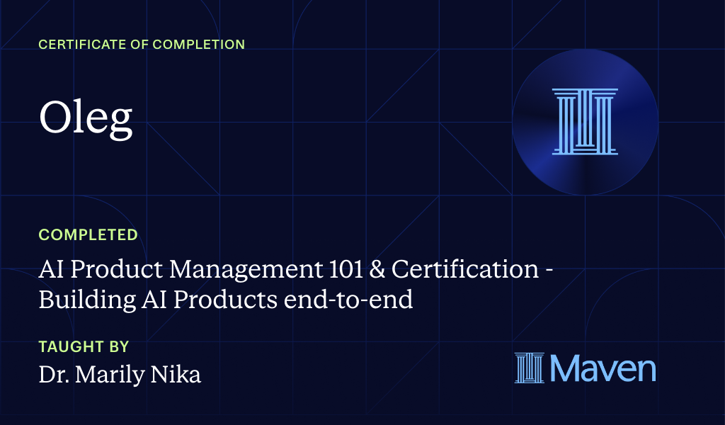 Certificate for AI Product Management 101 & Certification - Building AI Products end-to-end