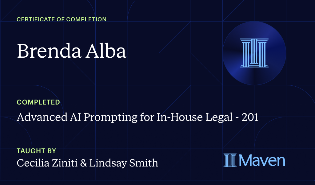 Certificate for Advanced AI Prompting for In-House Legal - 201