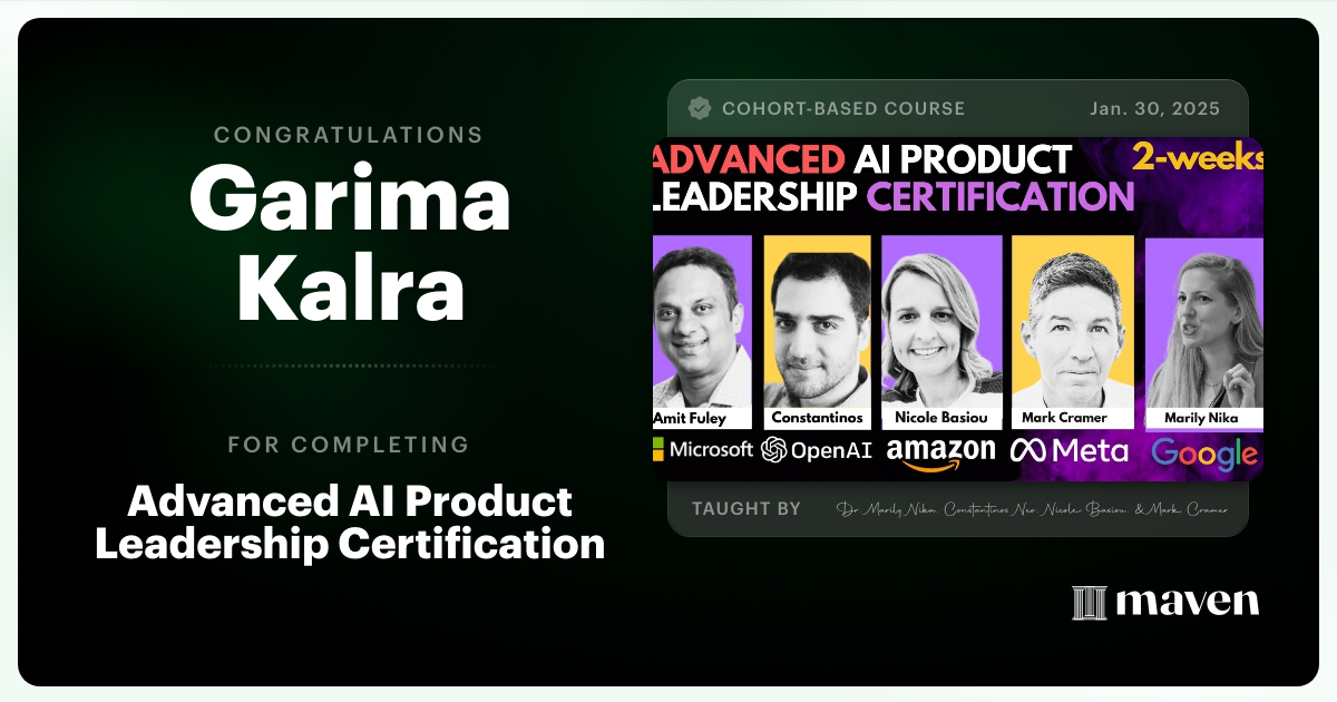Certificate of Completion for Advanced AI Product Leadership Certification