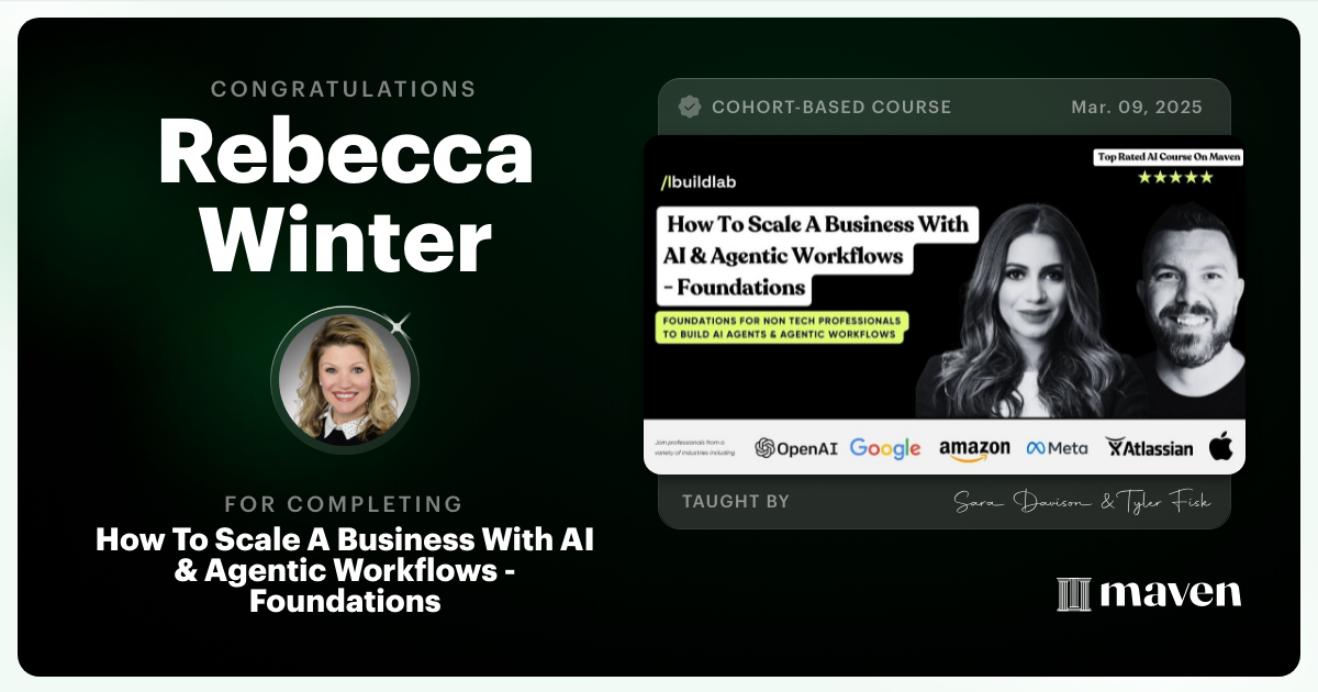 Certificate of Completion for How To Scale A Business With AI & Agentic Workflows - Foundations