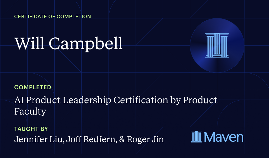 Certificate for AI Product Leadership Certification by Product Faculty