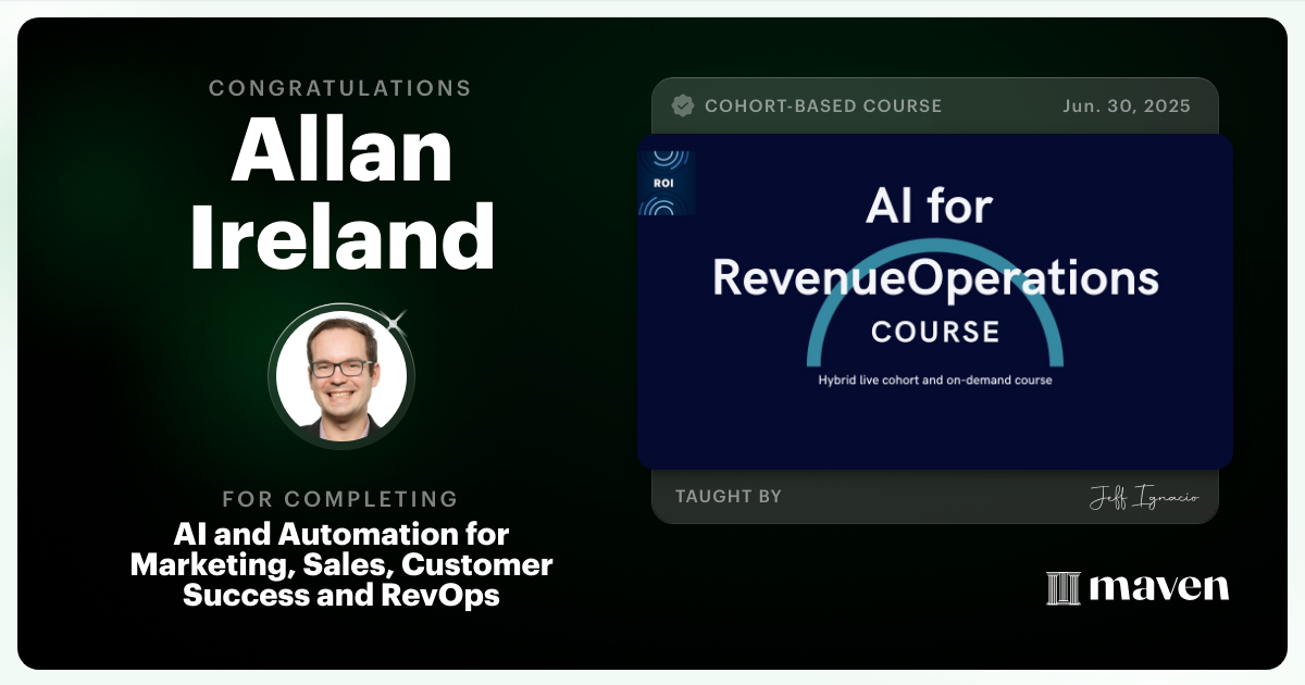 Certificate of Completion for AI, Claude Code and Automation for Marketing, Sales, Customer Success and RevOps