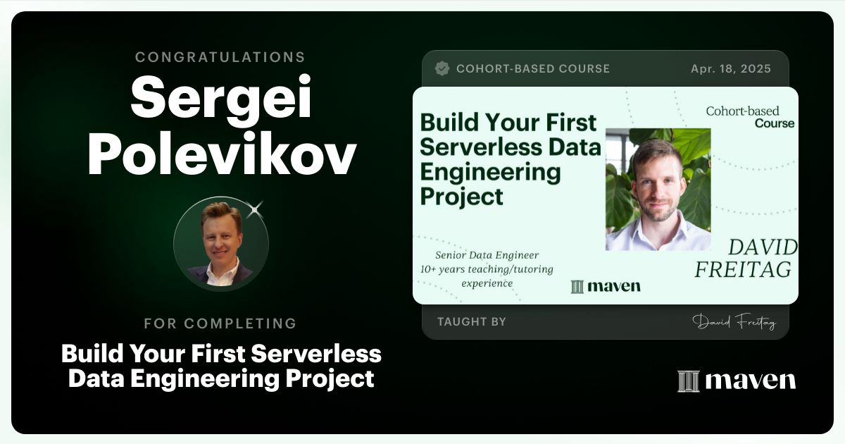 Certificate of Completion for Build Your First Serverless Data Engineering Project