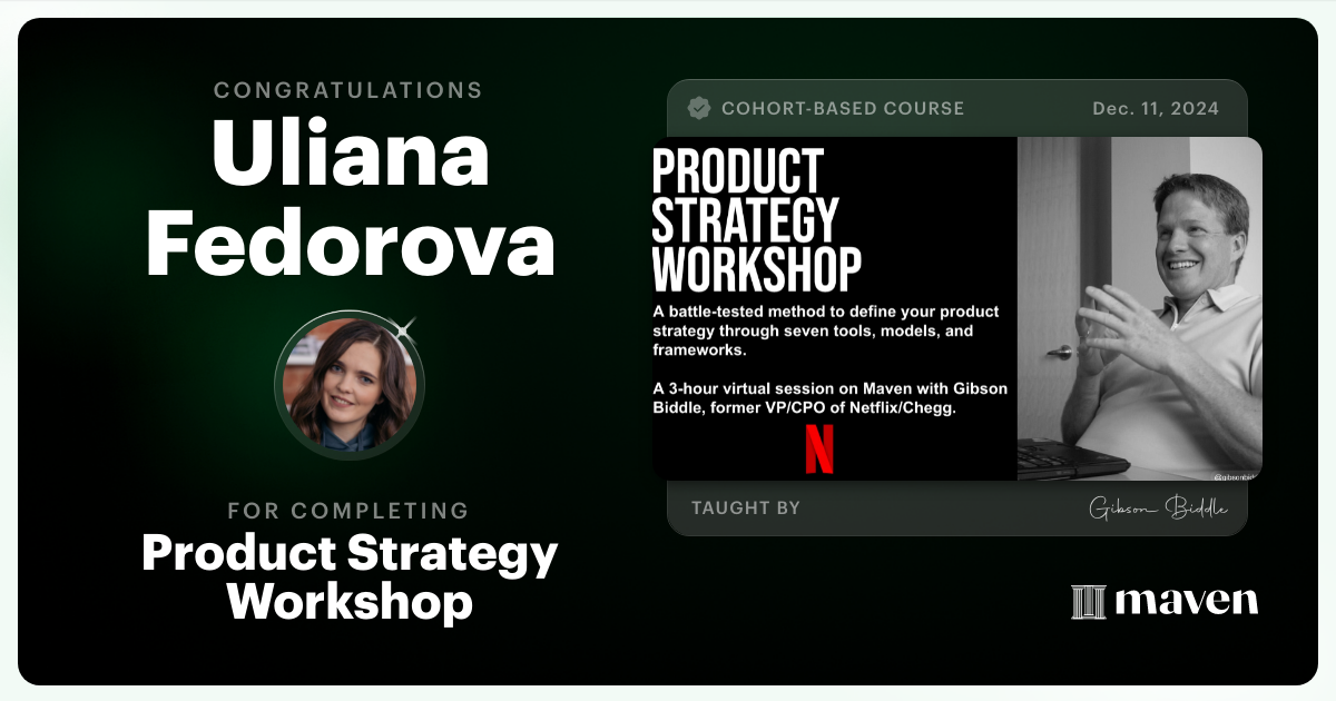 Certificate of Completion for Product Strategy Workshop