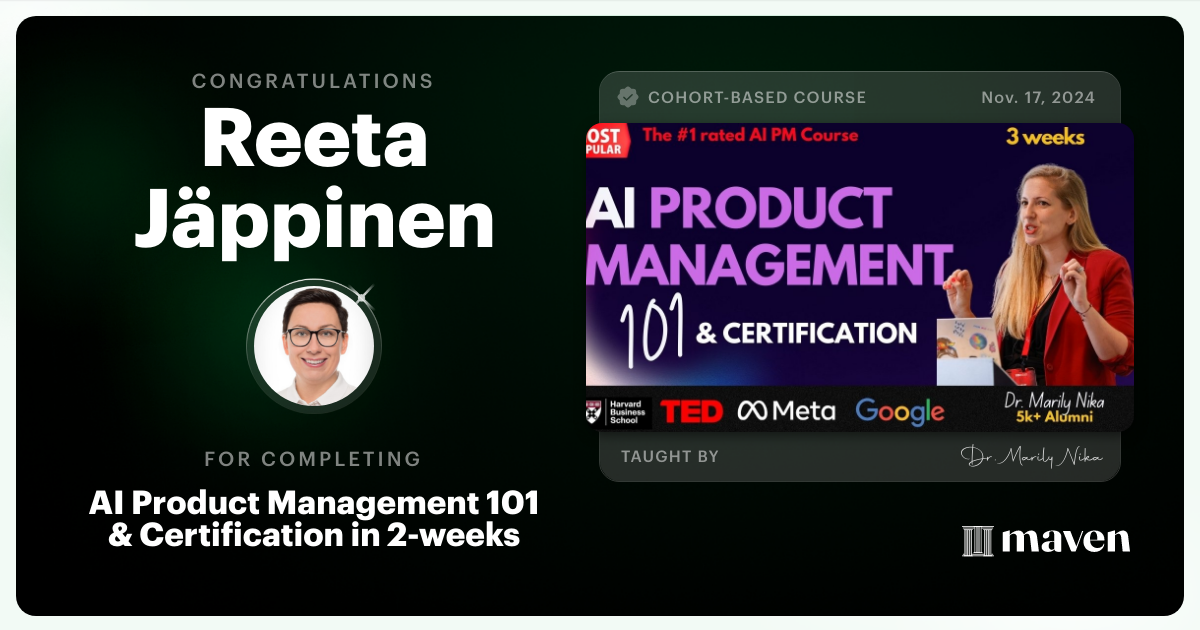 Certificate of Completion for AI Product Management 101 & Certification - Building AI Products end-to-end