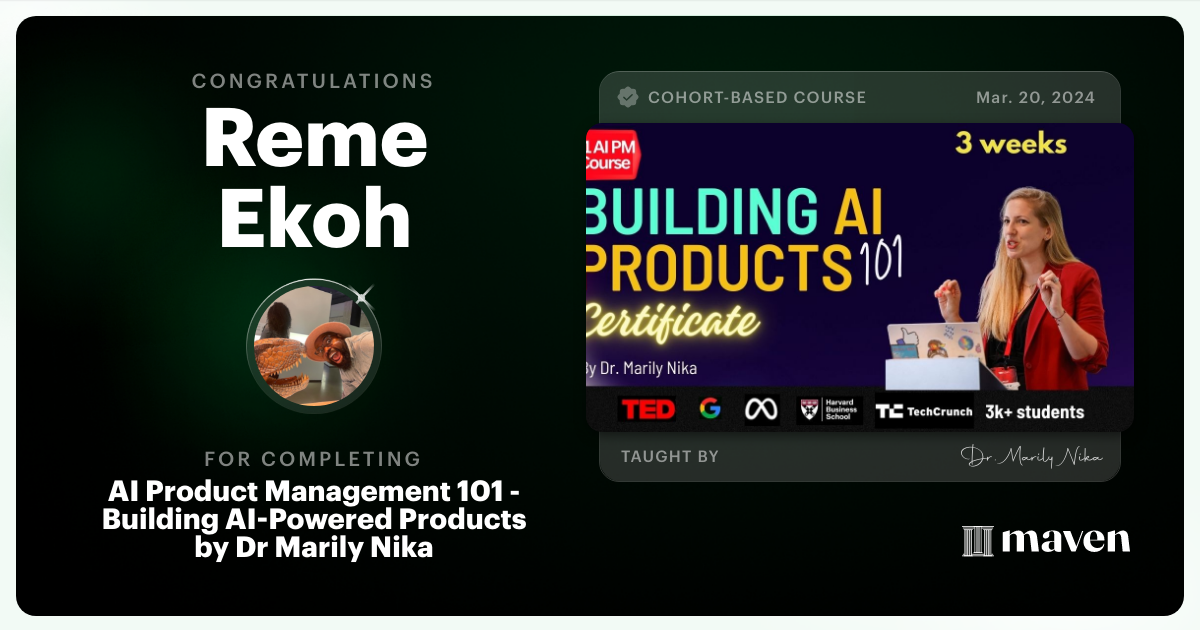 Certificate of Completion for AI Product Management 101 & Certification - Building AI Products end-to-end