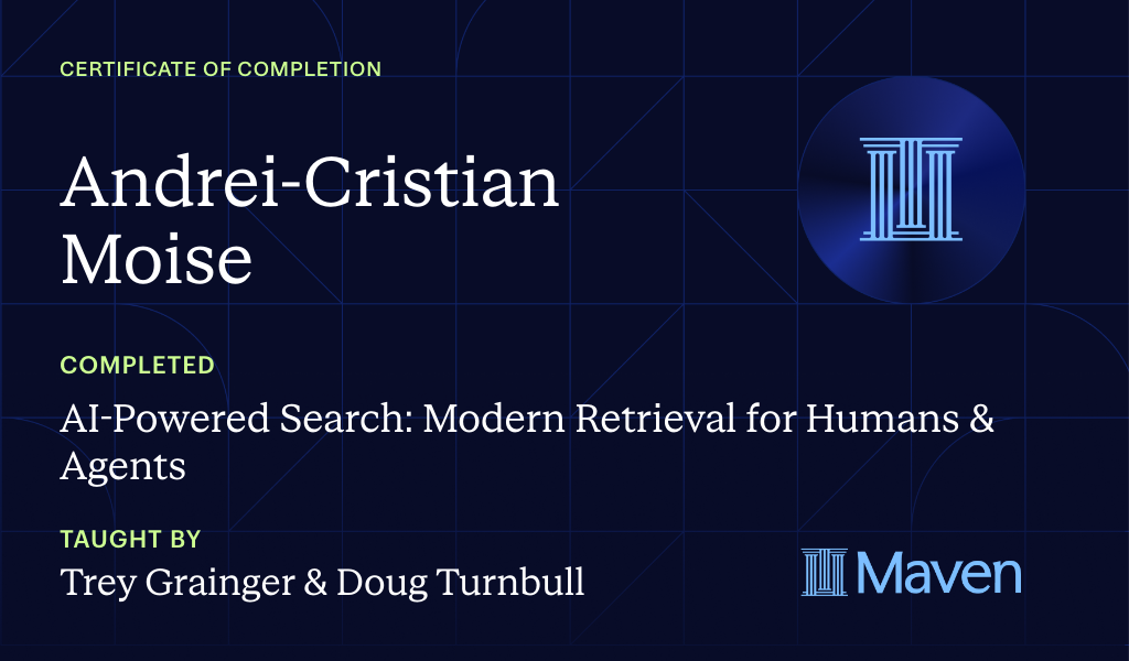 Certificate of Completion for AI-Powered Search: Modern Retrieval for Humans & Agents