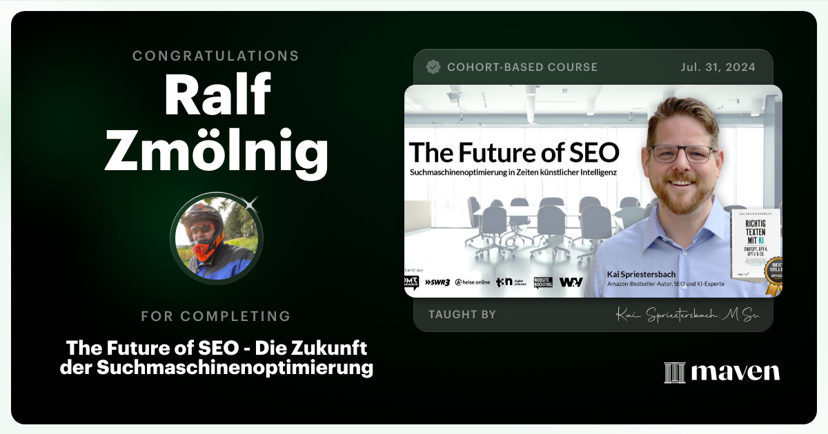Certificate of Completion for The Future of SEO - Die Zukunft der Suchmaschinenoptimierung