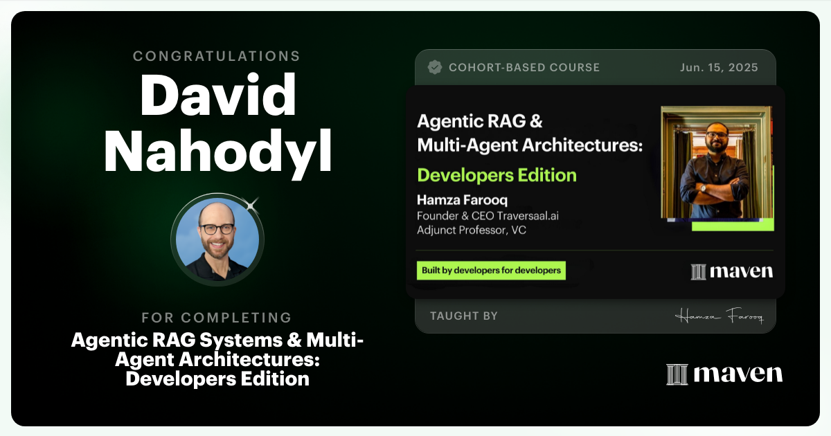 Certificate of Completion for Agent Engineering Bootcamp: Developers Edition