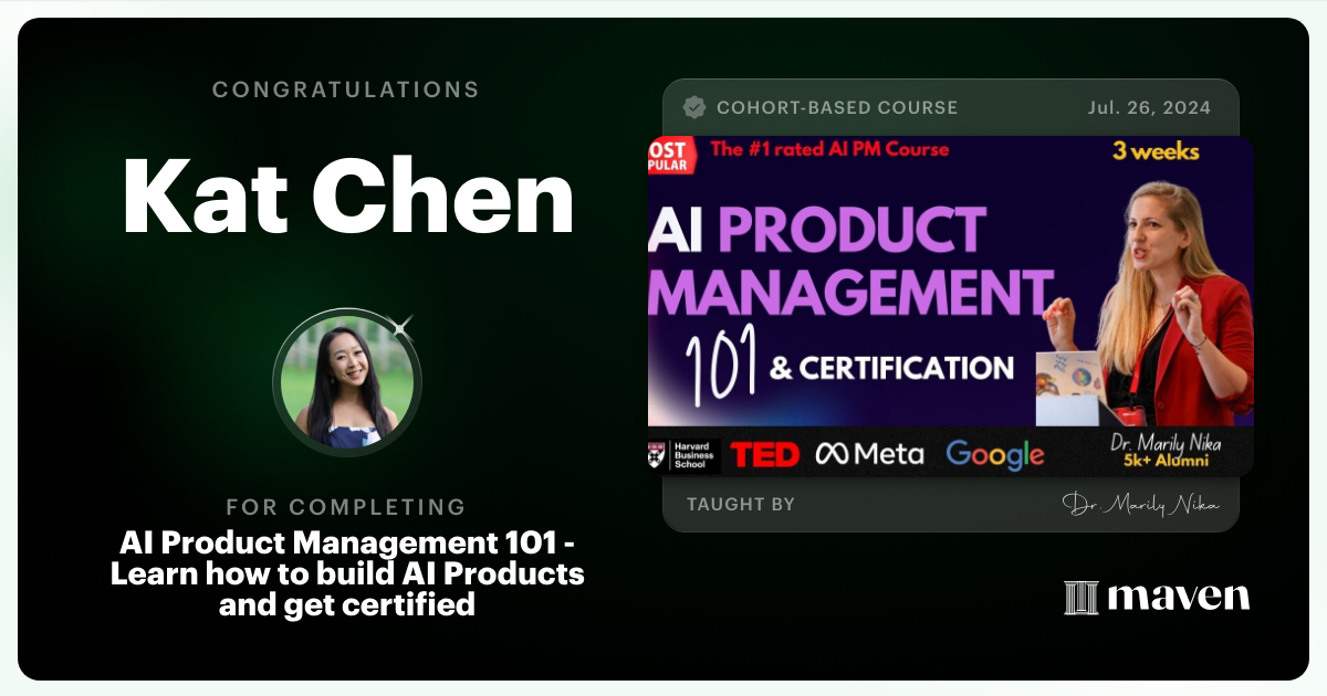 Certificate of Completion for AI Product Management 101 & Certification - Building AI Products end-to-end