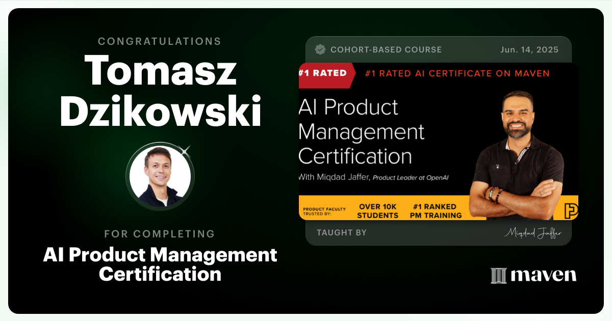Certificate of Completion for AI Product Management Certification by Product Faculty