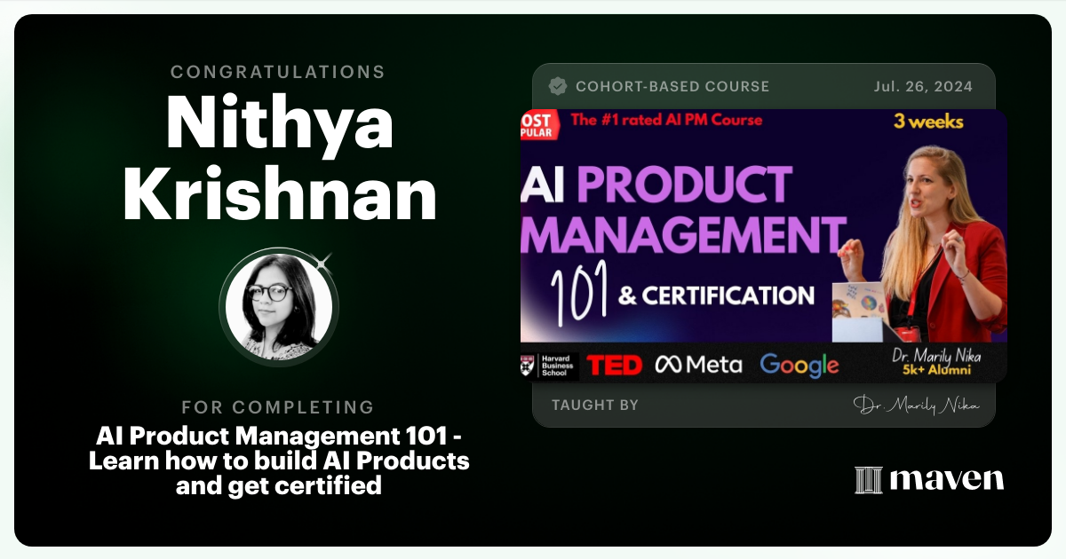 Certificate of Completion for AI Product Management 101 & Certification - Building AI Products end-to-end