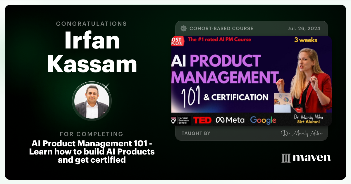 Certificate of Completion for AI Product Management 101 & Certification - Building AI Products end-to-end