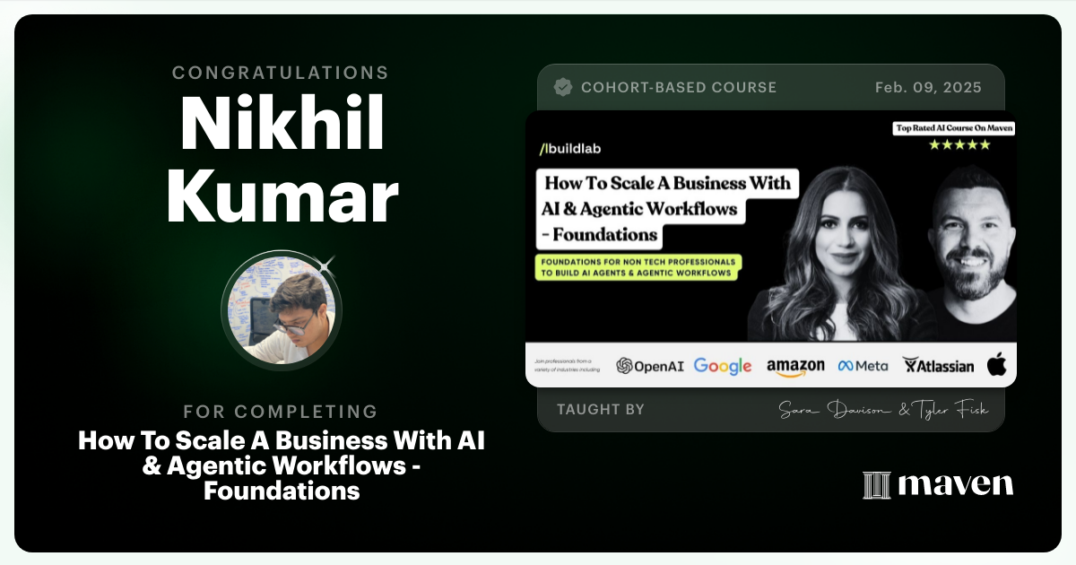 Certificate of Completion for How To Scale A Business With AI & Agentic Workflows - Foundations
