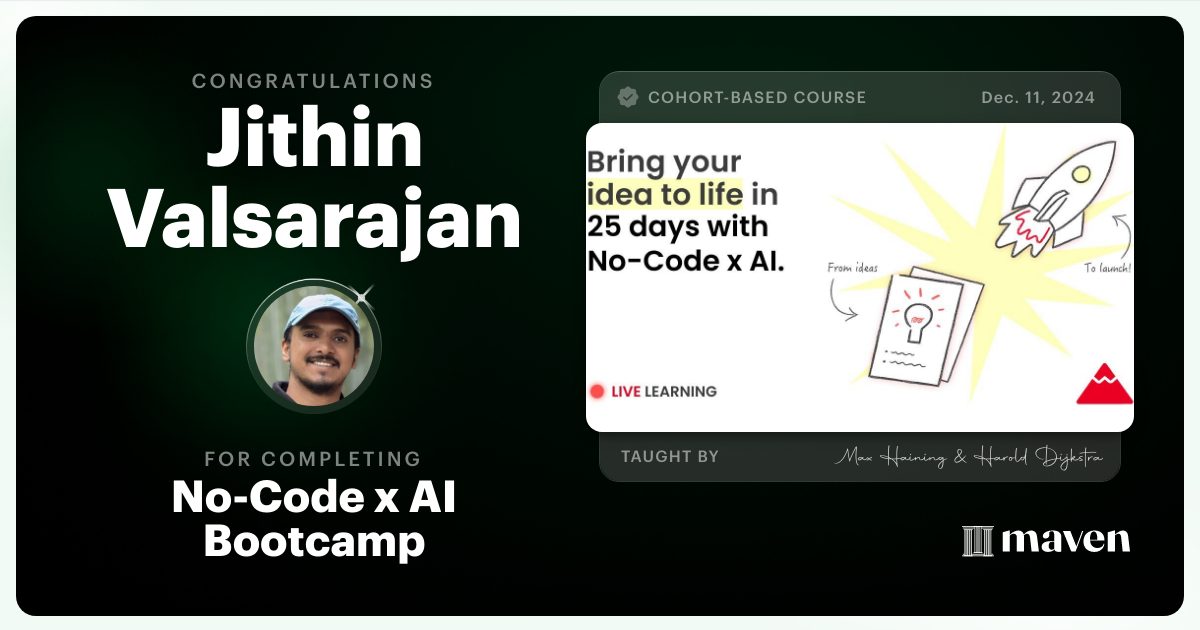 Certificate of Completion for No-Code x AI Bootcamp