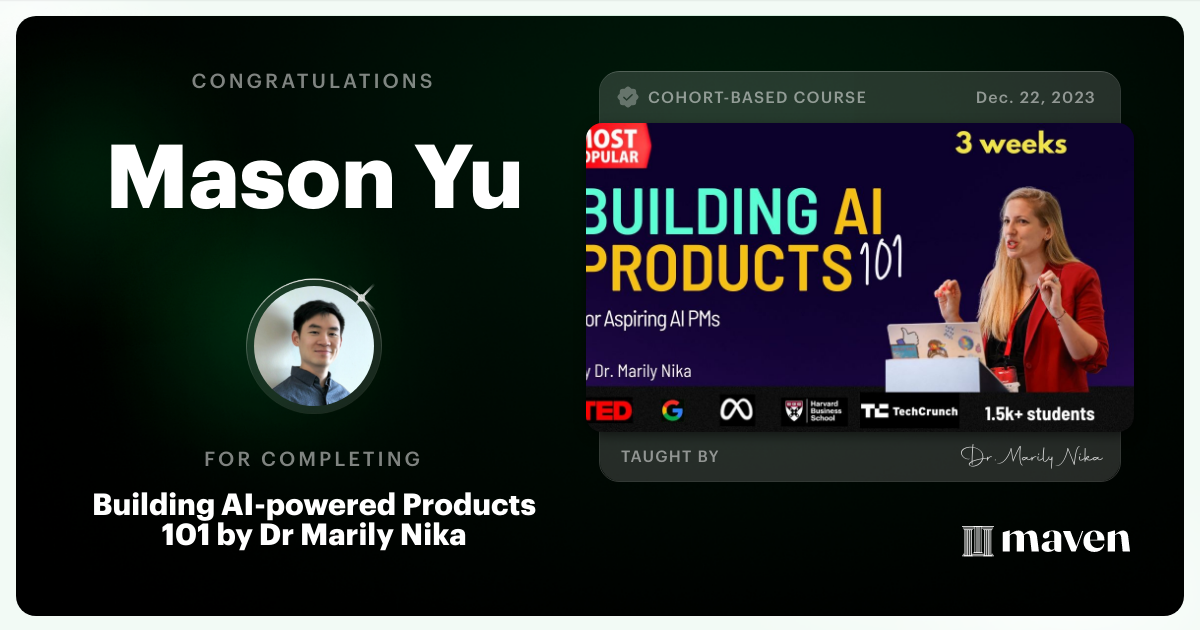 Certificate of Completion for AI Product Management 101 & Certification - Building AI Products end-to-end