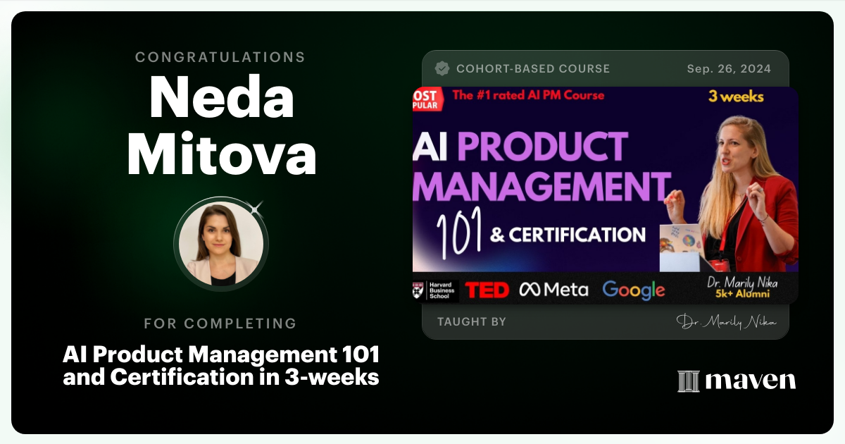 Certificate of Completion for AI Product Management 101 & Certification - Building AI Products end-to-end