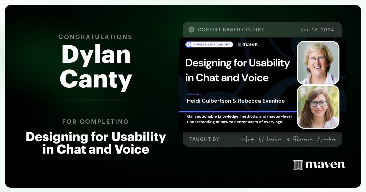 Certificate of Completion for Designing for Usability in Chat and Voice