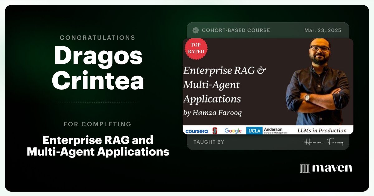 Certificate of Completion for Agent Engineering Bootcamp: Developers Edition