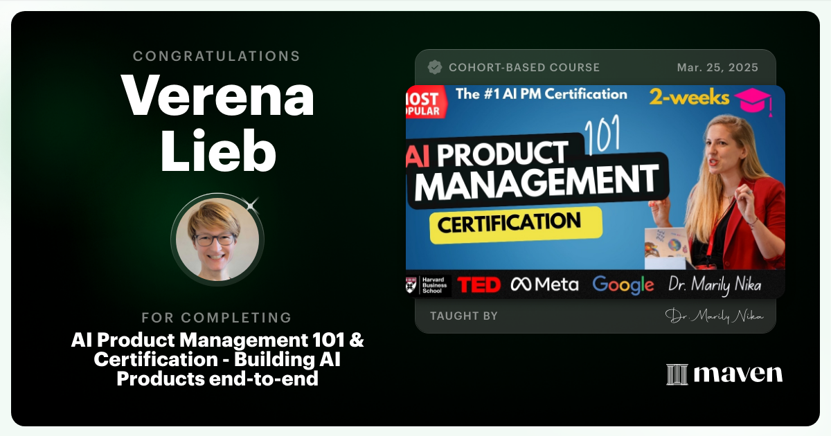 Certificate of Completion for AI Product Management 101 & Certification - Building AI Products end-to-end