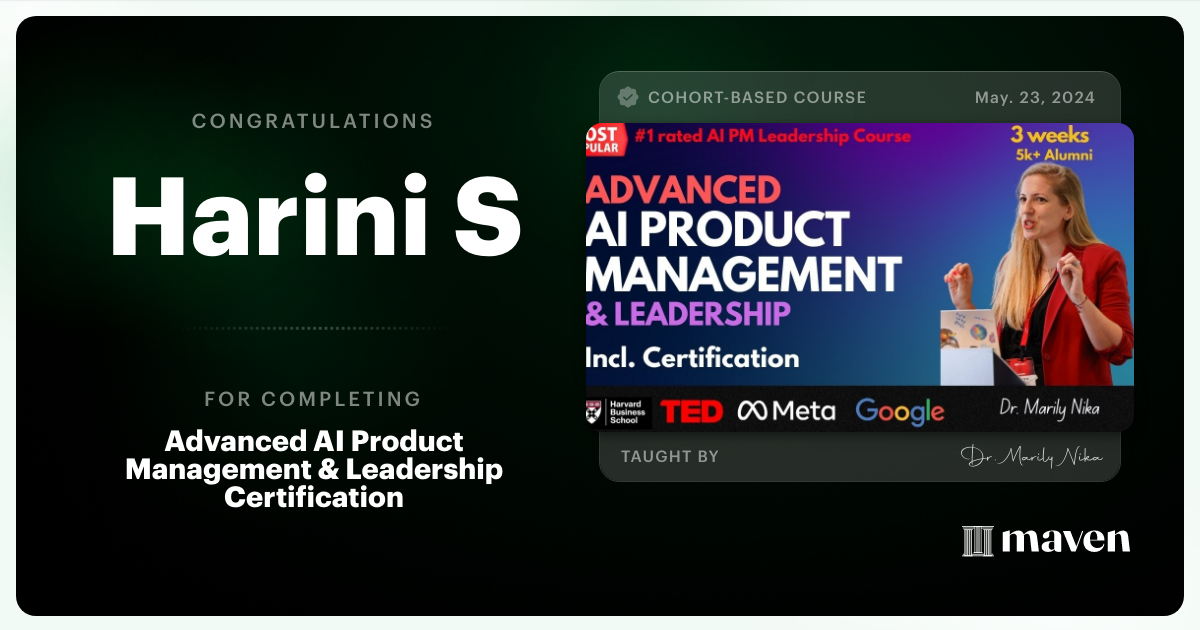 Certificate of Completion for Advanced AI Product Leadership Certification