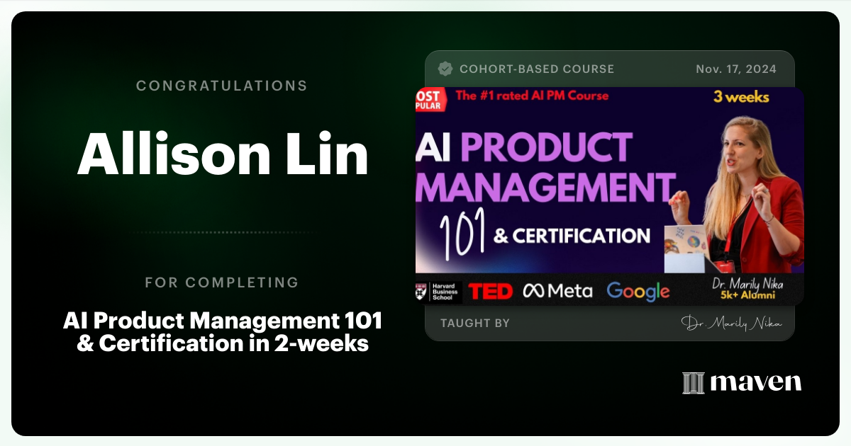 Certificate of Completion for AI Product Management 101 & Certification - Building AI Products end-to-end