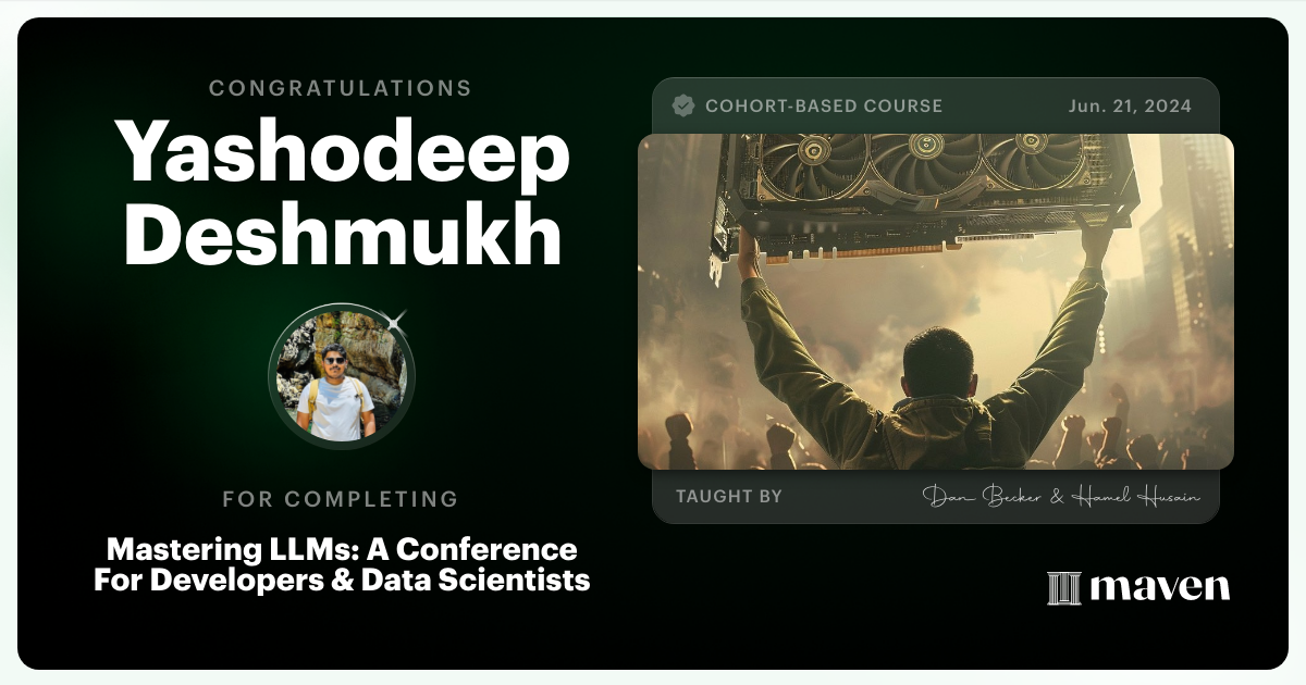 Certificate of Completion for Mastering LLMs For Developers & Data Scientists