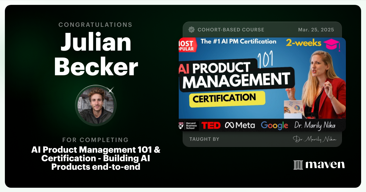 Certificate of Completion for AI Product Management 101 & Certification - Building AI Products end-to-end