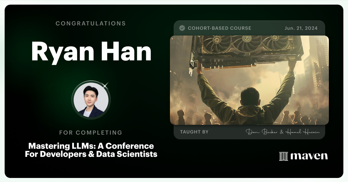 Certificate of Completion for Mastering LLMs For Developers & Data Scientists