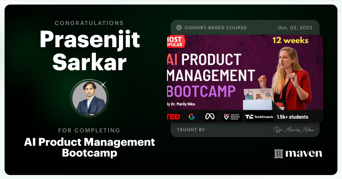 Certificate of Completion for AI Product Management Bootcamp & Certification by AI Product Academy