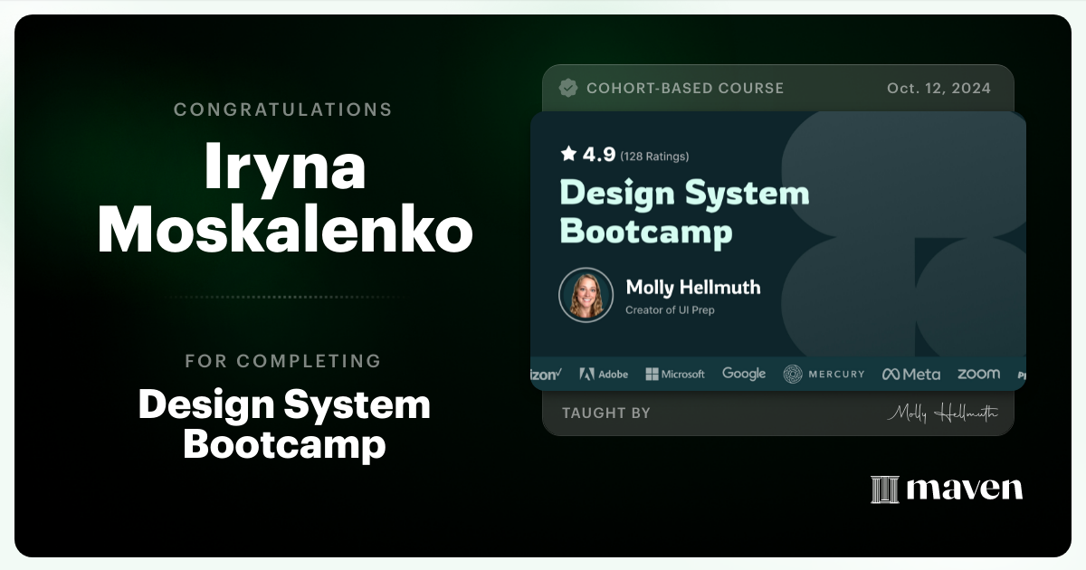Certificate of Completion for Design System Bootcamp