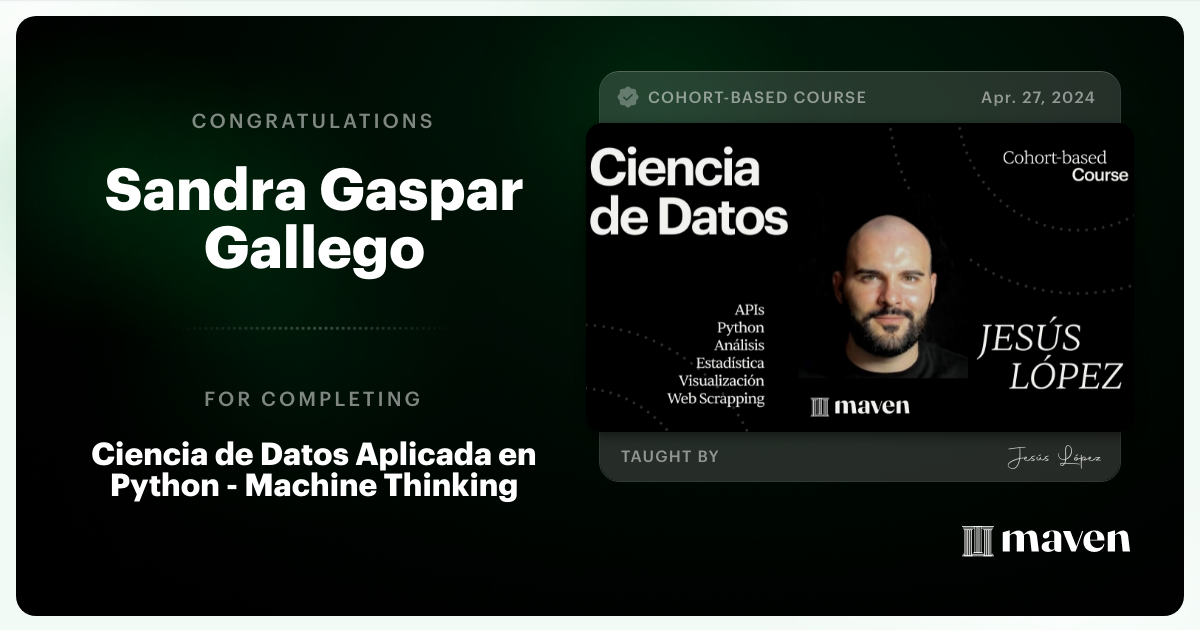 Certificate of Completion for Python Práctico: Manipular y Visualizar Tablas de Datos - REE I90 & Curvas OMIE