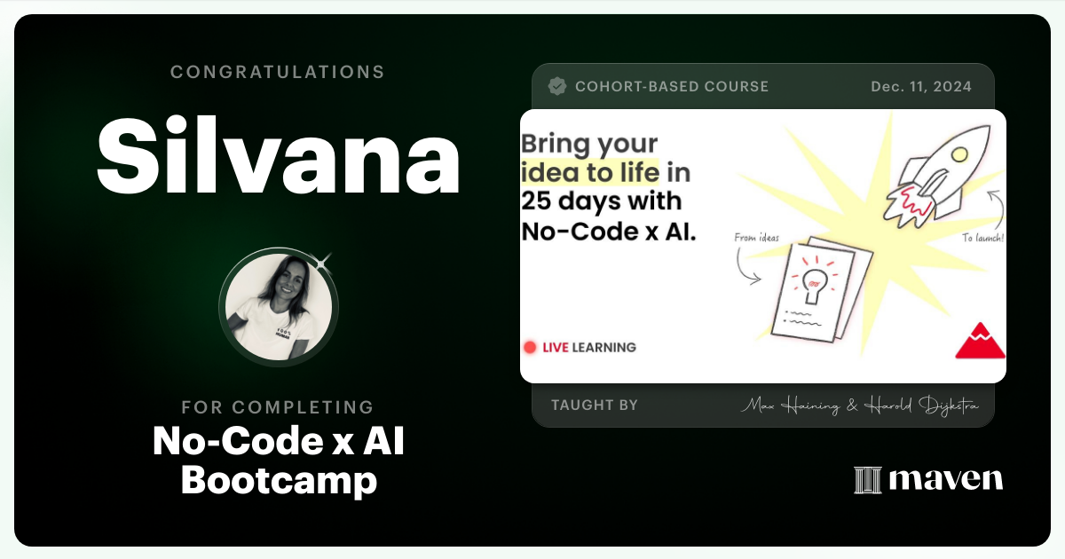 Certificate of Completion for No-Code x AI Bootcamp