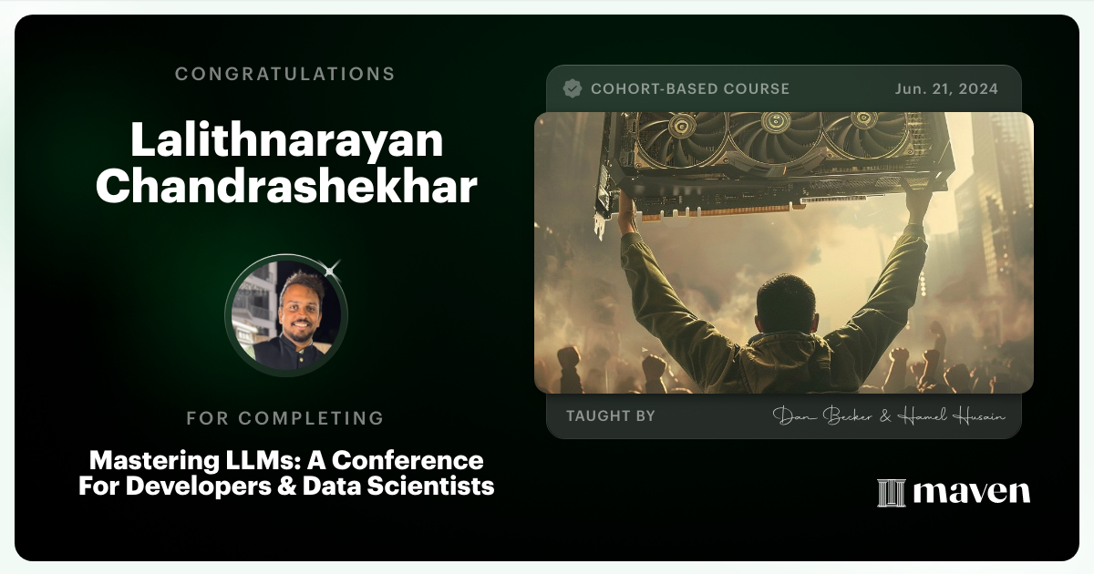 Certificate of Completion for Mastering LLMs For Developers & Data Scientists