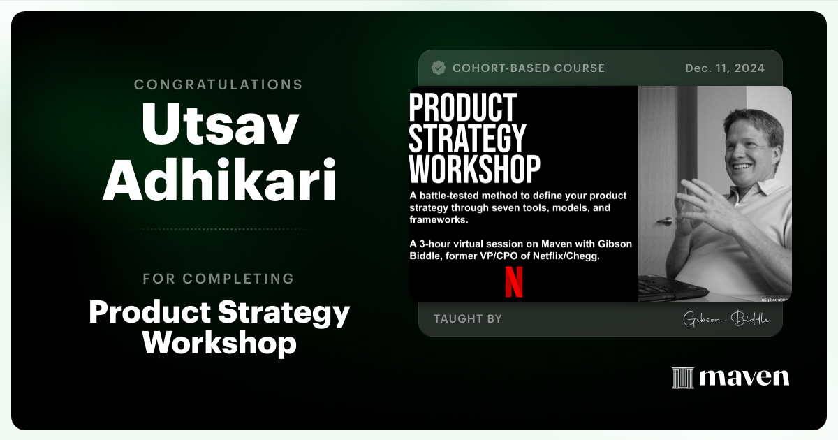 Certificate of Completion for Product Strategy Workshop