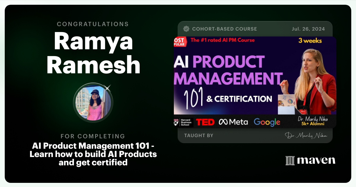 Certificate of Completion for AI Product Management 101 & Certification - Building AI Products end-to-end